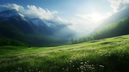 Sunlit mountain valley shows graded meadow and distant peaks