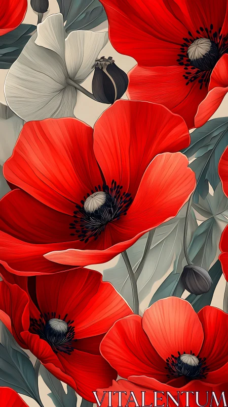 Red Poppies with White Blooms and Seed Pods.