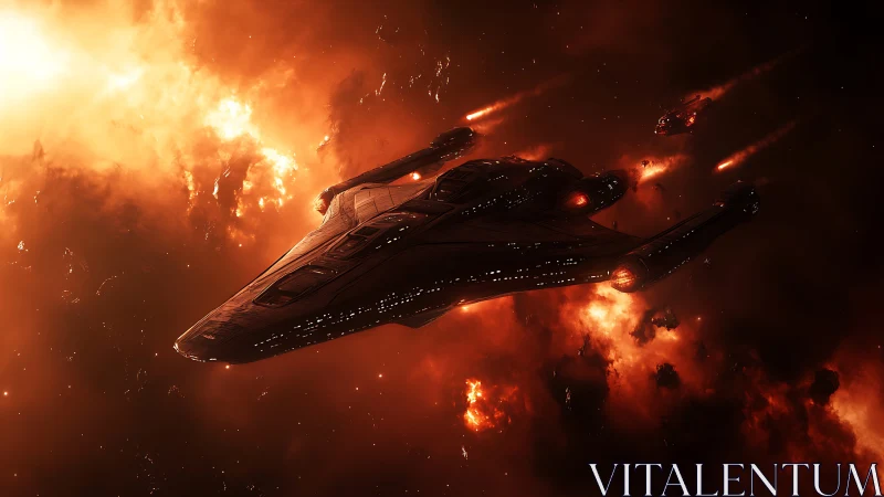 Sleek Starships Pierce Inferno Nebula Clouds.