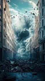 Urban canyon collapse under erupting cloudburst blast.