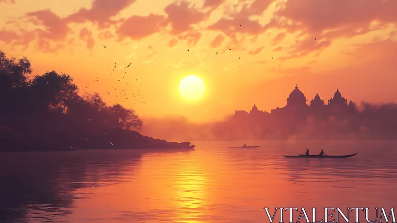Golden river sunset welcomes quiet boats and distant temple