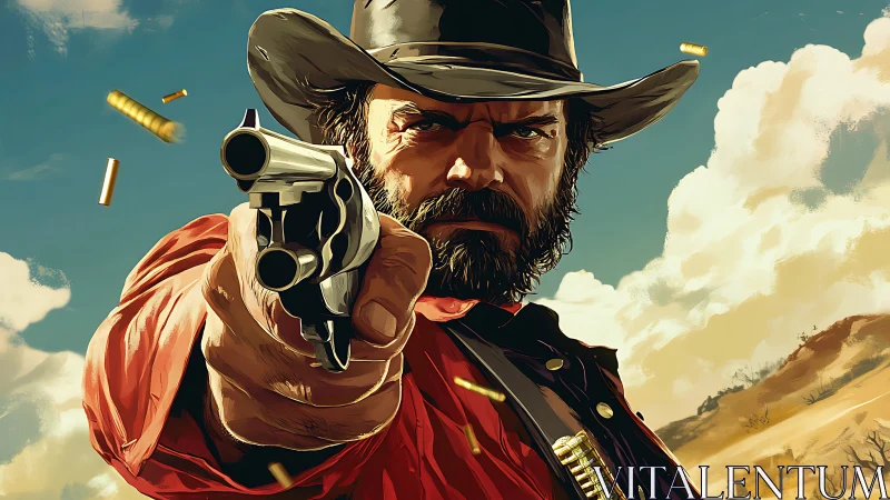 Six-shooter stares down the sun in a blazing frontier moment