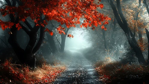 Misty forest path lined with red-leafed trees in autumn