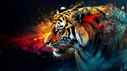 Digital tiger portrait with abstract color bursts.