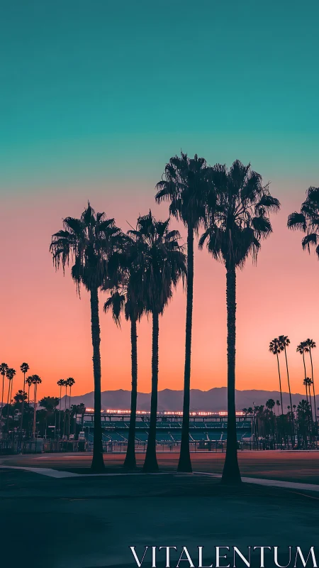 Tall palm trees frame a neon sunset over distant stadium.