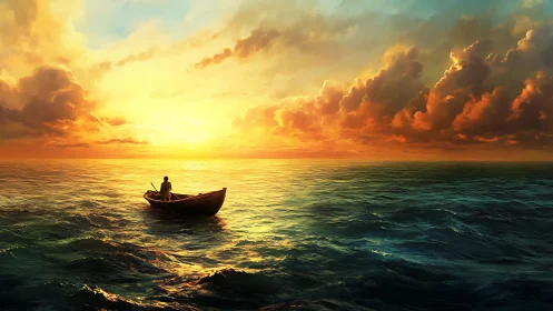 Solitary rowboat drinks in molten sunlight across the sea