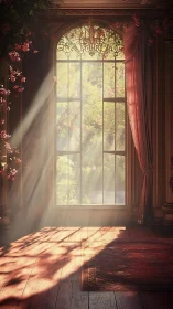 Sunlit arched window casts botanical shadows across parquet