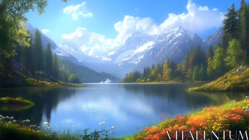 Gentle mountain lake rests beneath bright snow capped peaks