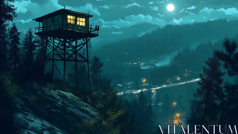 Moonlit forest watchtower overlooks misty valley road.