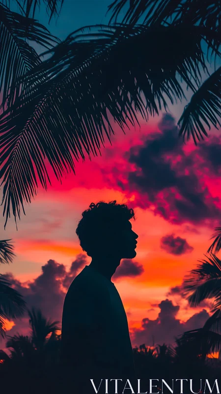 Silhouette portrait under neon-gradient tropical sunset sky