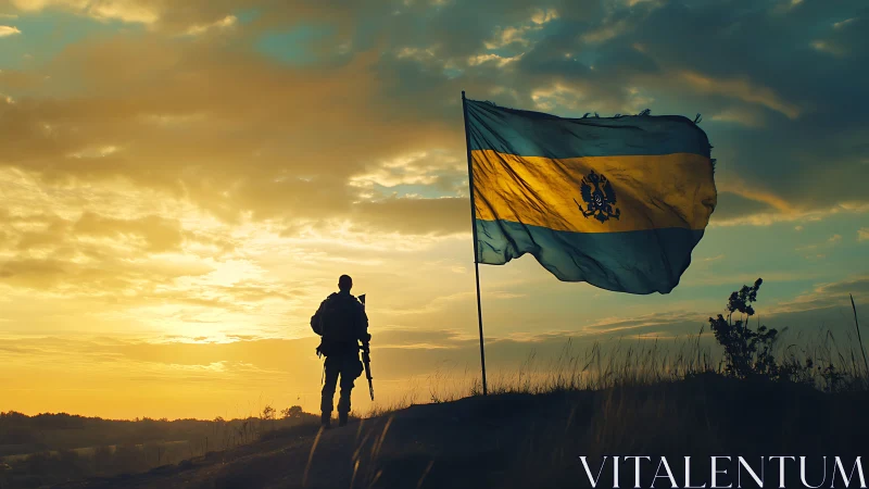 Sunset sky cradles a lone soldier beside a proud flag