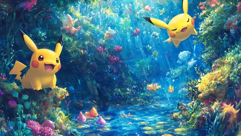 Pikachu frolics through luminous fantasy jungle streamscape.