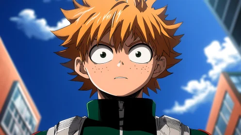 Shocked freckled teen hero stares upward under clear sky