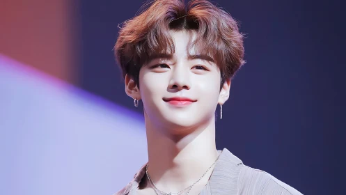 Soft-lit idol smile under pastel stage glow, dreambright.