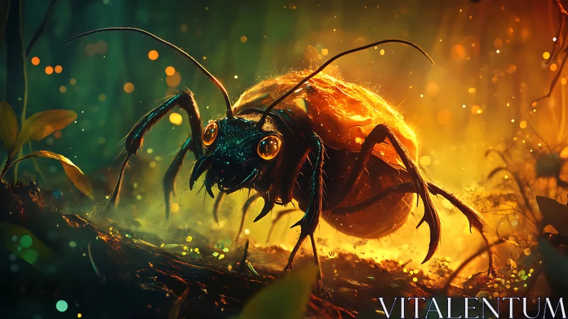 Bioluminescent beetle-like insect in glowing forest habitat.