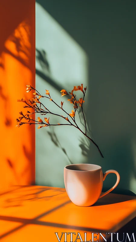 White mug anchors bold orange teal minimal still life.