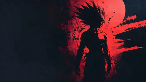 Silhouetted warrior against crimson moon ink-splatter sky.