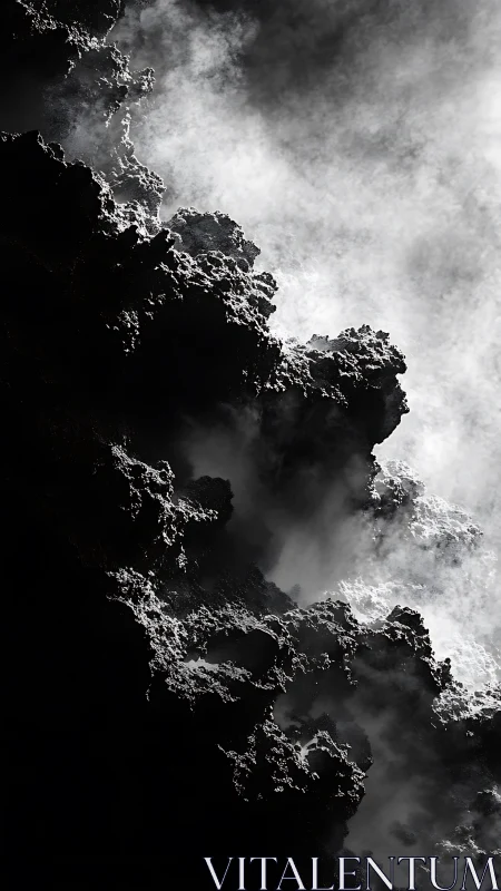 Misty volcanic cliffs wrapped in dramatic swirling light.