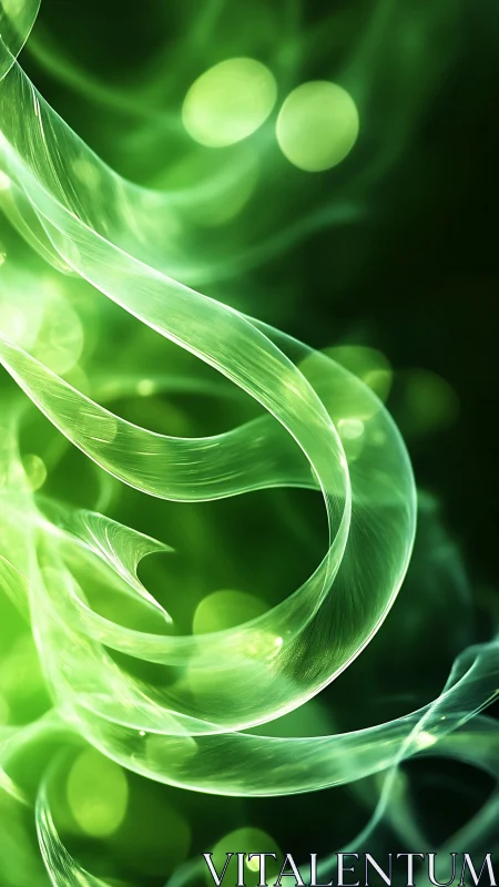 Luminous green energy ribbons twist through abstract depth.