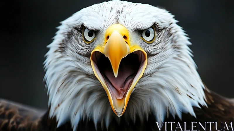 Intense close-up of bald eagle with open beak in dramatic style.