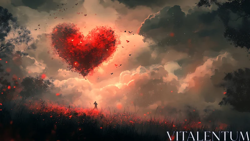 Digital rendering depicting heart form in sky above solitary figure.