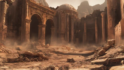 Sunlit desert ruins with domed temple and carved arches.