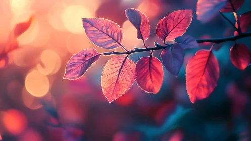 Backlit crimson leaves against dreamy bokeh twilight glow.