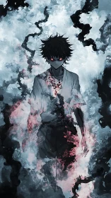 Dark anime figure with glowing red eyes in swirling smoke.