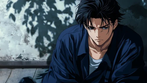 Brooding anime man in deep shadow beside weathered wall.