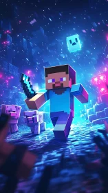 Pixelated hero runs with sword in glowing neon world.