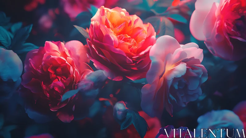 Radiant roses glow with neon light and vivid color.