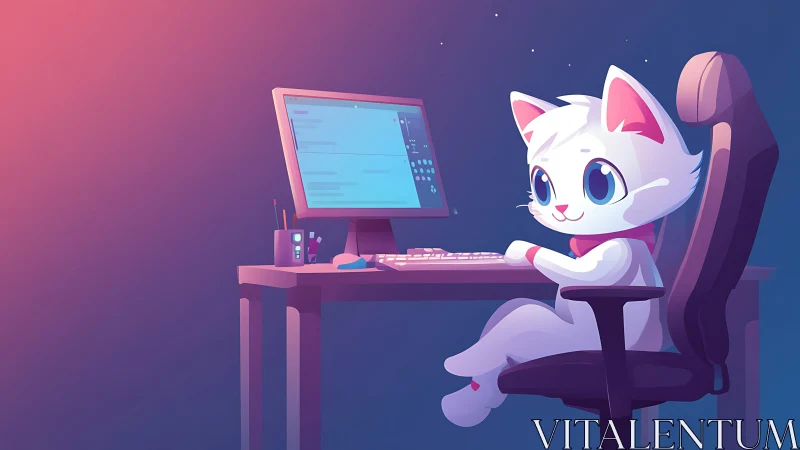 Midnight coder kitty happily types under neon starlight glow