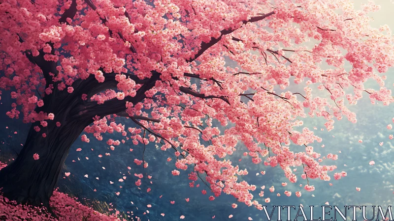 Cherry blossom canopy rendered with soft atmospheric perspective