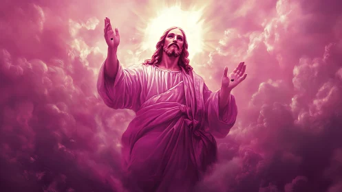 Radiant robed figure ascending through magenta volumetric clouds