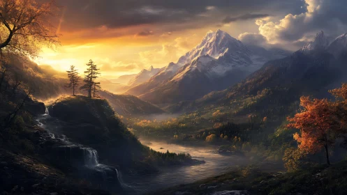 Sunset river carves silver paths below ember-tipped peaks