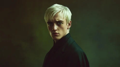 Portrait shows blond male subject in dark studio setting