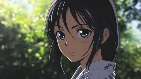 Pensive anime girl in soft forest sunlight gazes ahead.