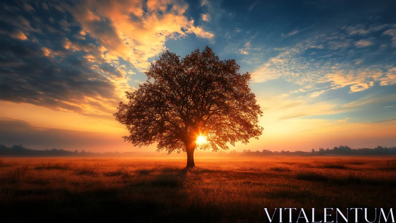 Solitary tree stands in open field with sun aligned behind
