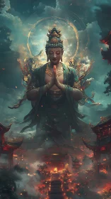 Serene celestial deity rises above a glowing temple city