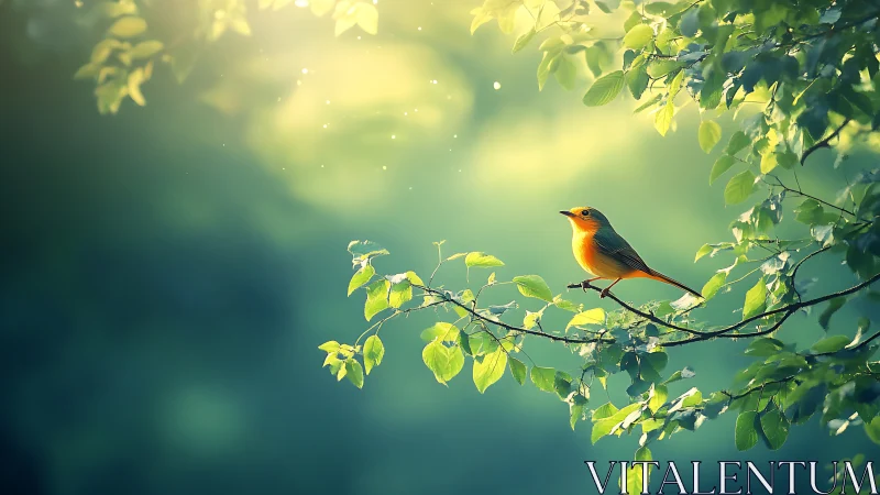 Vibrant songbird on leafy branch in dreamy sunlit forest scene.