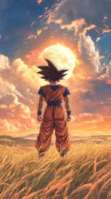 Anime sunset warrior under lunar sky in vertical composition.