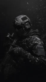 Tactical operator in digital camo with suppressed rifle, low key