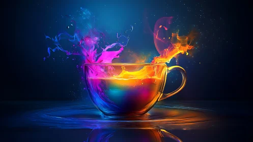 Chromatic fluid dynamics erupting from refractive teacup vessel.