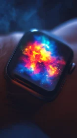 Smartwatch screen displays vivid cosmic nebula animation