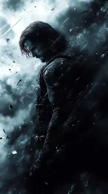 Brooding warrior emerges through storm of shattered shadow.