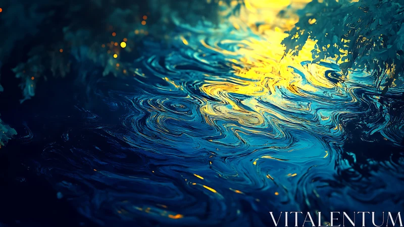 Digital painting of luminous rippling water under foliage canopy.