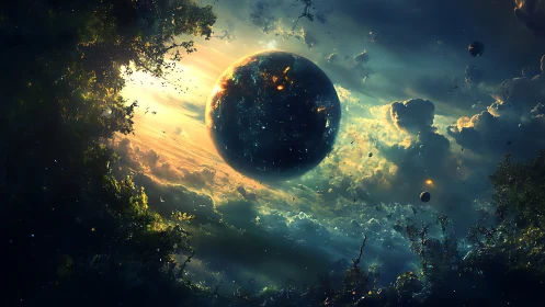 Cosmic sphere drifts through luminous stormlit nebula sky