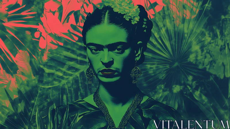 Bold stylized portrait of woman in tropical foliage scene.