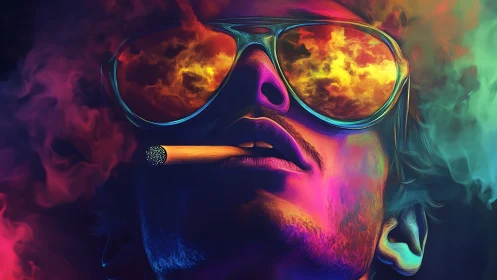 Psychedelic portrait with neon smoke and reflective shades.