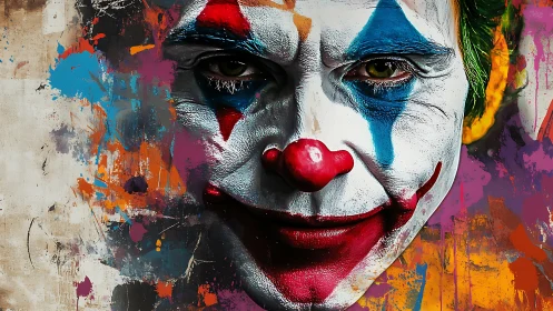Painted clown face merges with multicolored abstract splashes